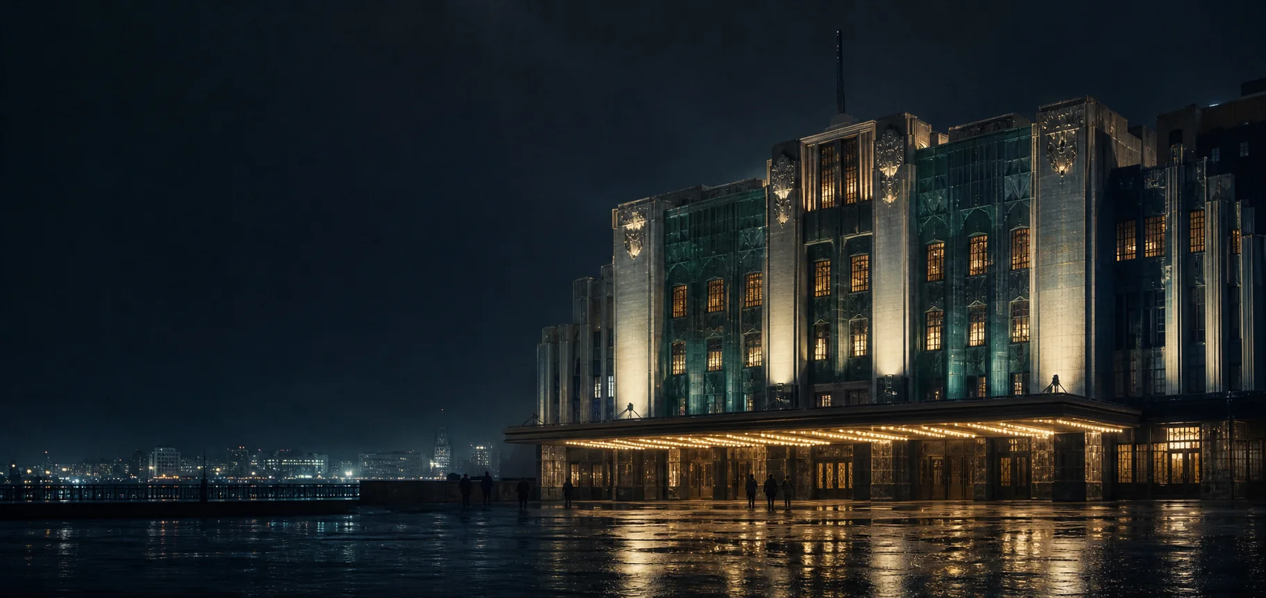 Grand fictional entertainment resort illuminated at night