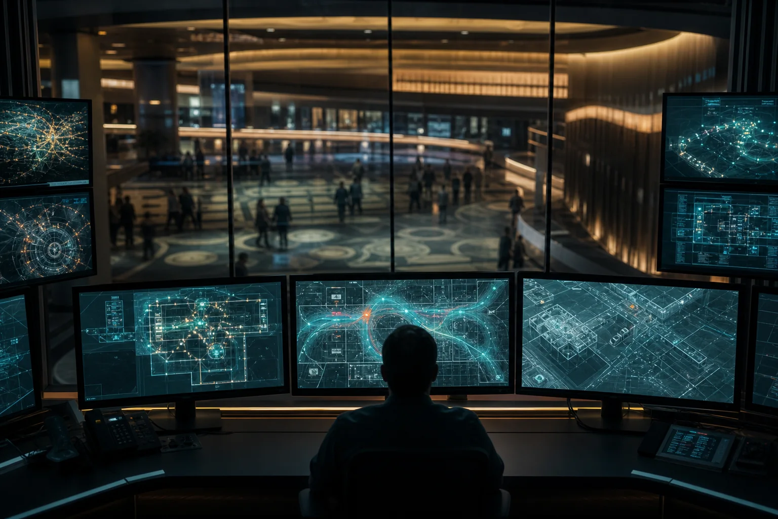Anonymous operator studying architectural and movement data in a control room