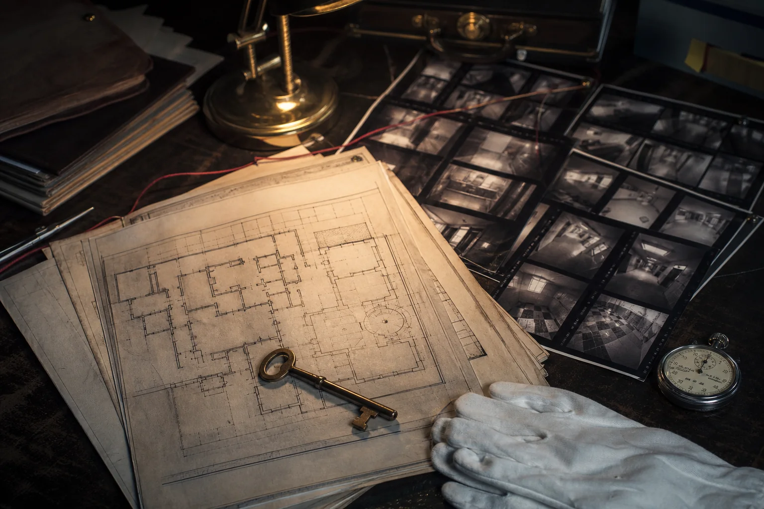 Investigator's table with plans, key and security contact sheets